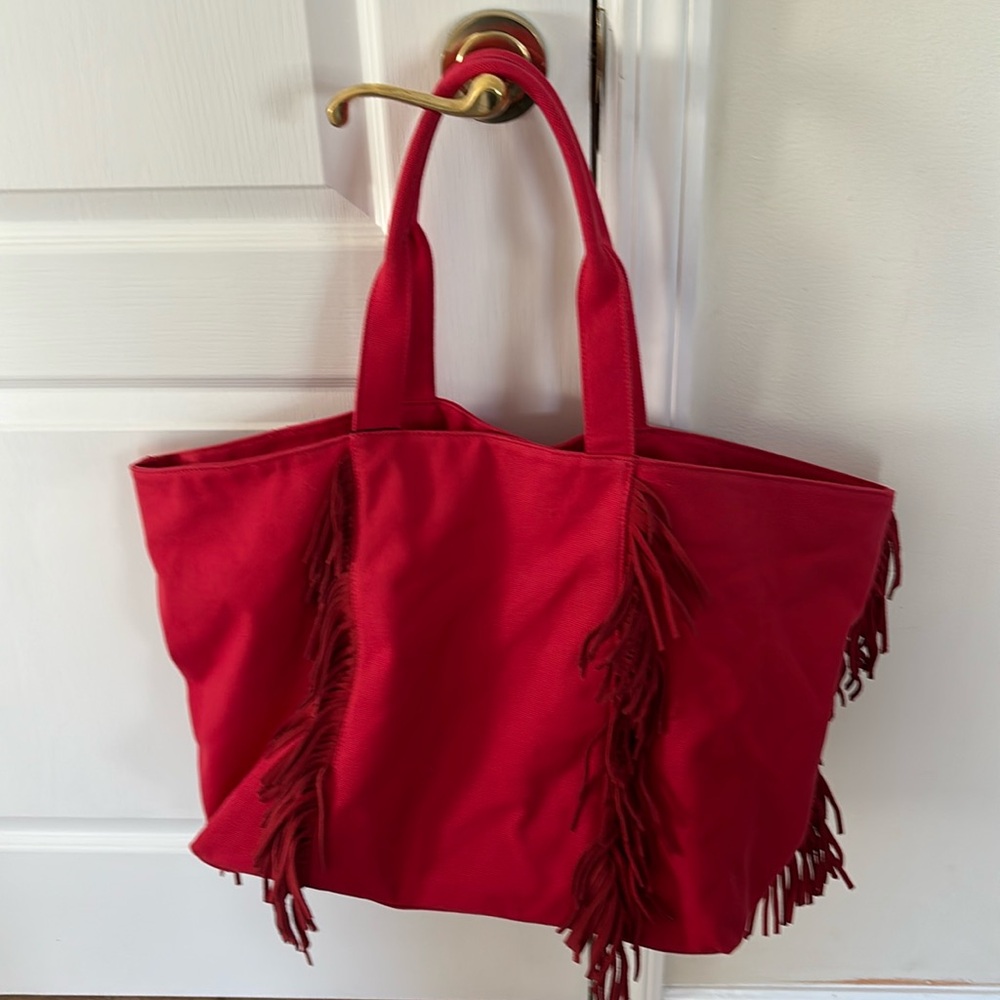 MILA LOS ANGELES LADIES RED CANVAS FRINGE BOHO TOTE BAG